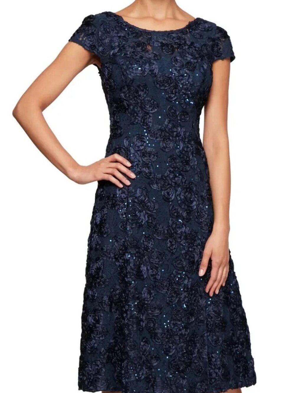 Alex Evenings Navy Blue Sequin Rosette Cocktail Dress Size 12 P